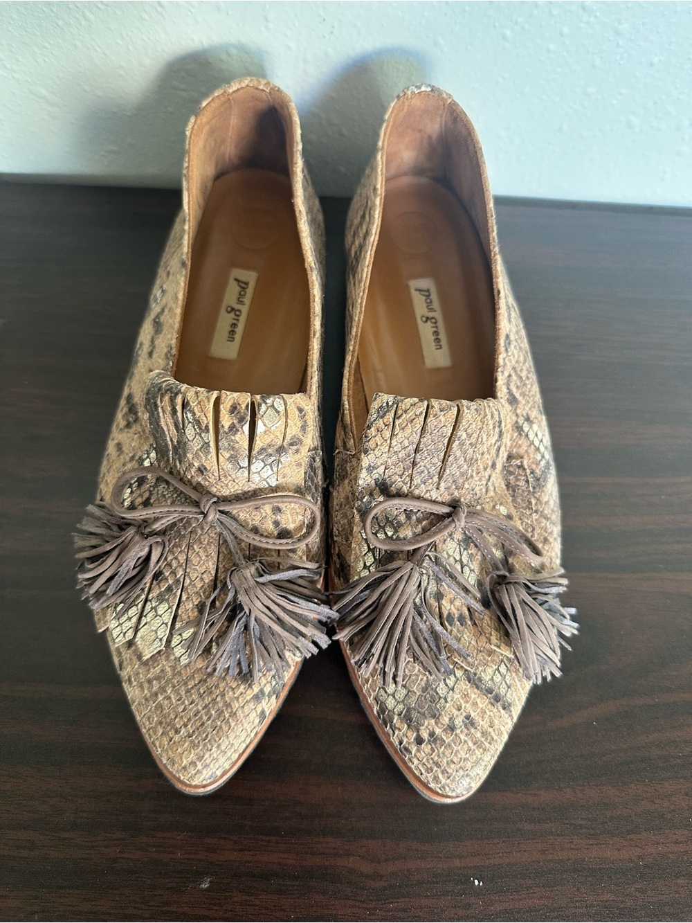 Paul Green Taupe Snake-Print Tassel Loafers